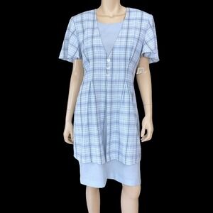 Kathie Lee Dress Women 12 Blue White Plaid Short Sleeve Vintage Corpcore NWT